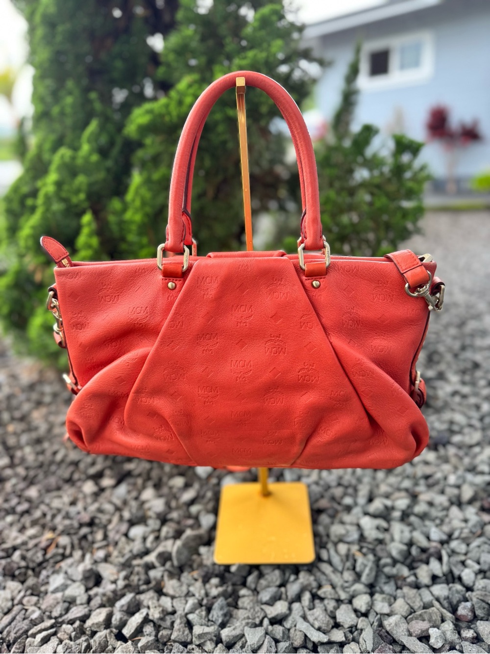 MCM Coral Red Embossed Leather Satchel Shoulder Bag Crossbody - Picture 3 of 12